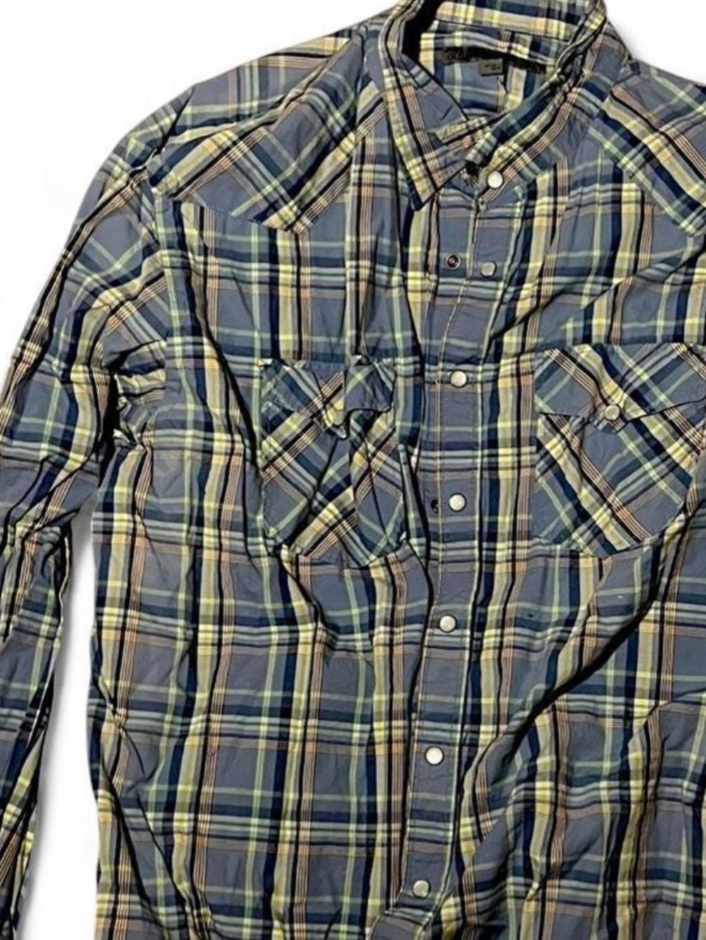 Old Navy Blue and Yellow Plaid Pearl Snap Western Long-Sleeve Button-Down Shirt